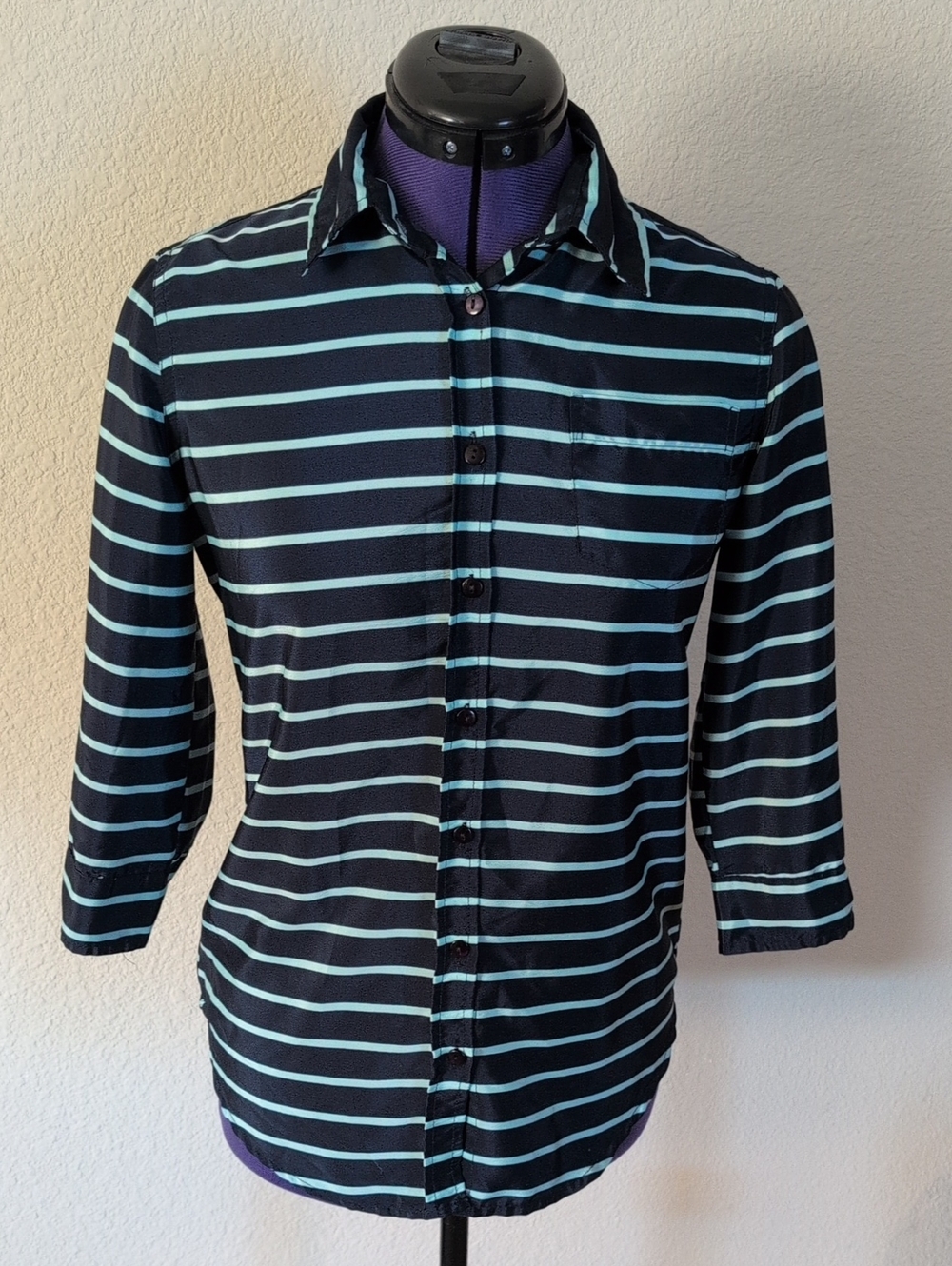 Fun & Flirt Black Blouse with Light Blue Stripes